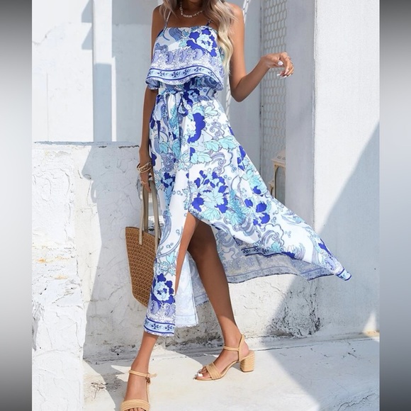 Boho floral print belted cami midi dress - Picture 1 of 6